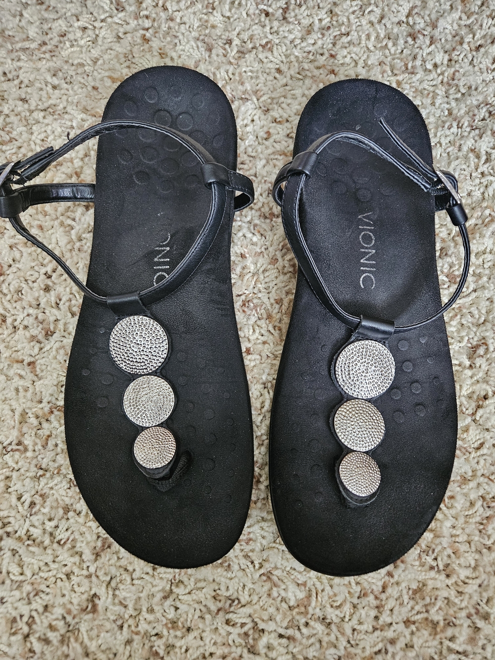 Vionic Women's Black Embellished T-Strap Sandals